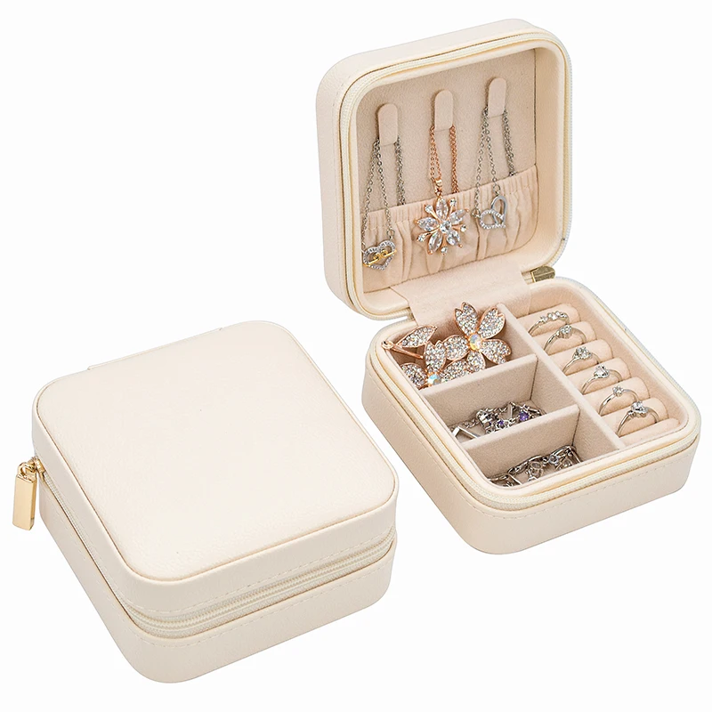 

Wholesale Custom Logo Vegan Leather Travel Jewelry Zipper Case Storage Organizer Jewelry box, Beige