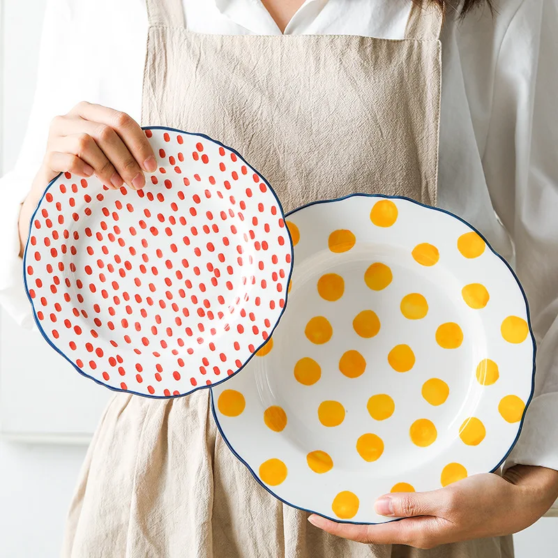 

Modern Hand Painted Restaurant Ceramic Plate Set Polka Dot Design Tableware Set