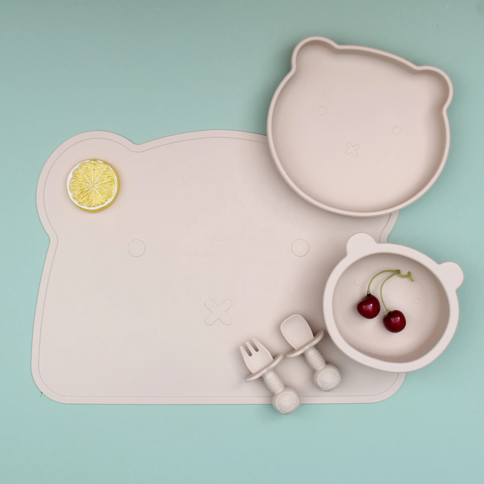 

Wholesale Cute Design 456 Kids Dinner Plate Bowl Food Grade Silicon Spoon And Fork With Placemat Feeding Set