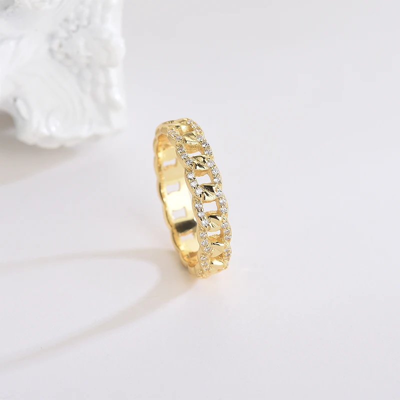 

HIP Hop Classic CZ Cuban Ring Gold 925 Silver Color chain link Zircon Charm Ring