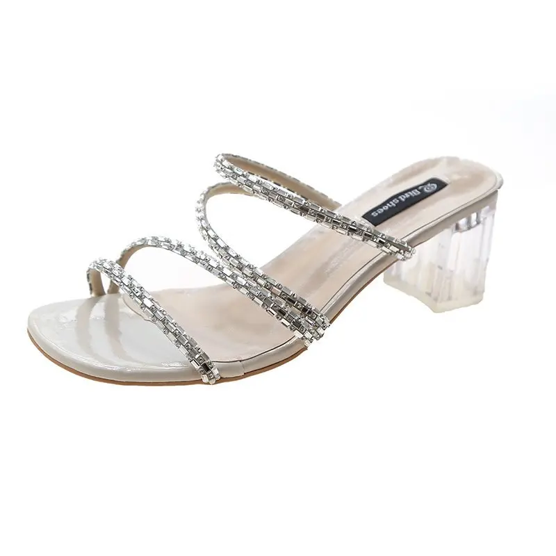 

Hot sale women rhinestone shoes with square heels ladies summer low heel sandals, Silver,black,pink