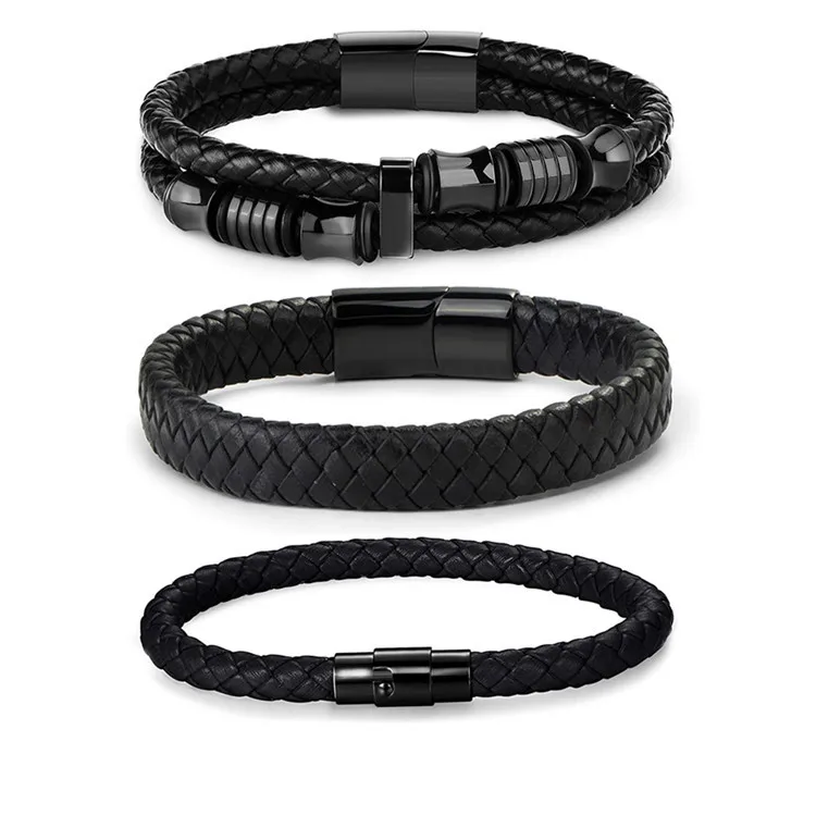 

Wholesale men magnetic bracelet 3Pcs stainless steel bracelet with leather band Customized Jewelry Set Black bracelet