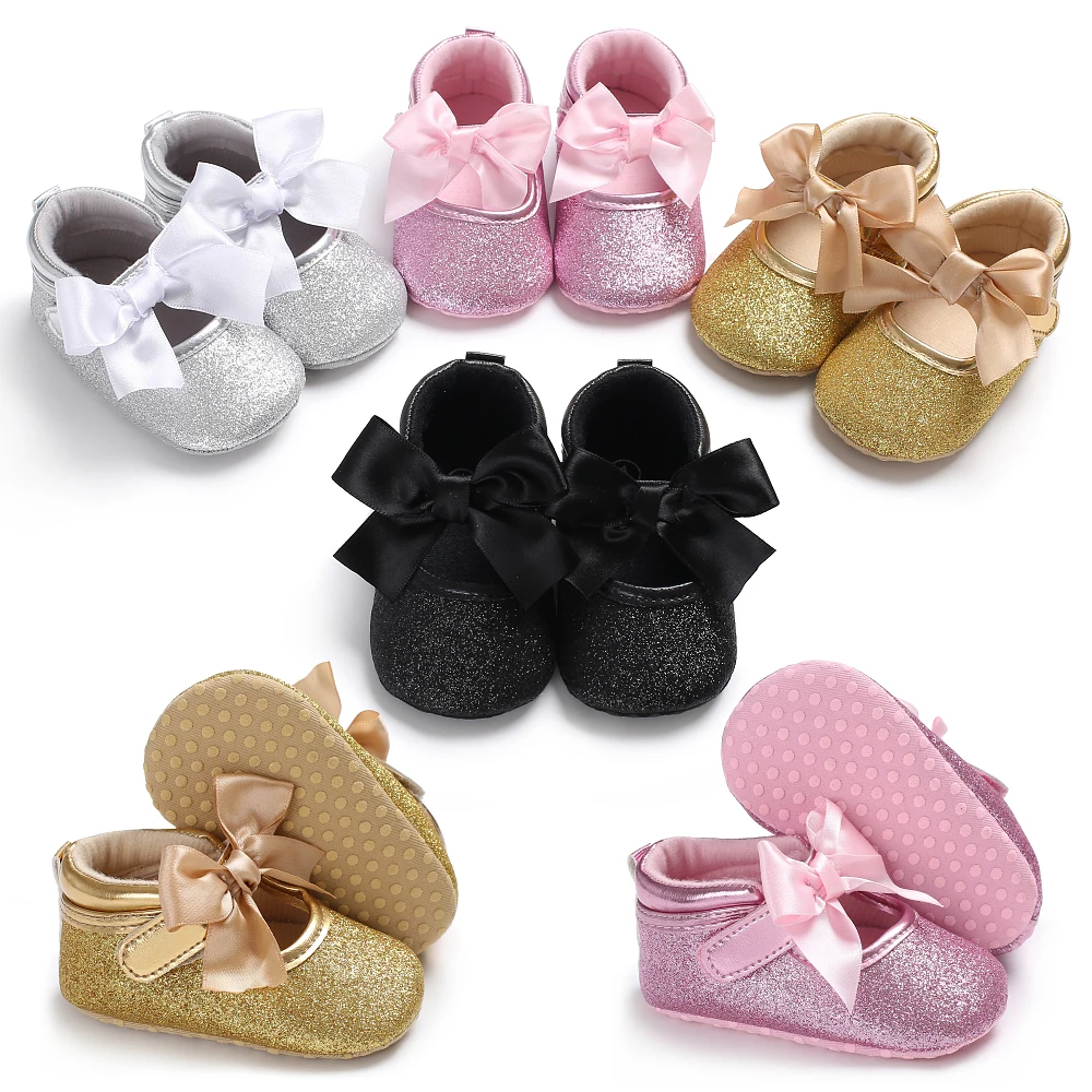 

Princess shoes shiny bow soft bottom walking shoes, Pink