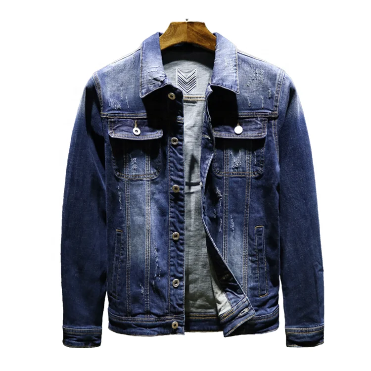 

wholesale in bulk fashion custom printed denim jean jackets for men ,men 's jeans jacket, Dark blue