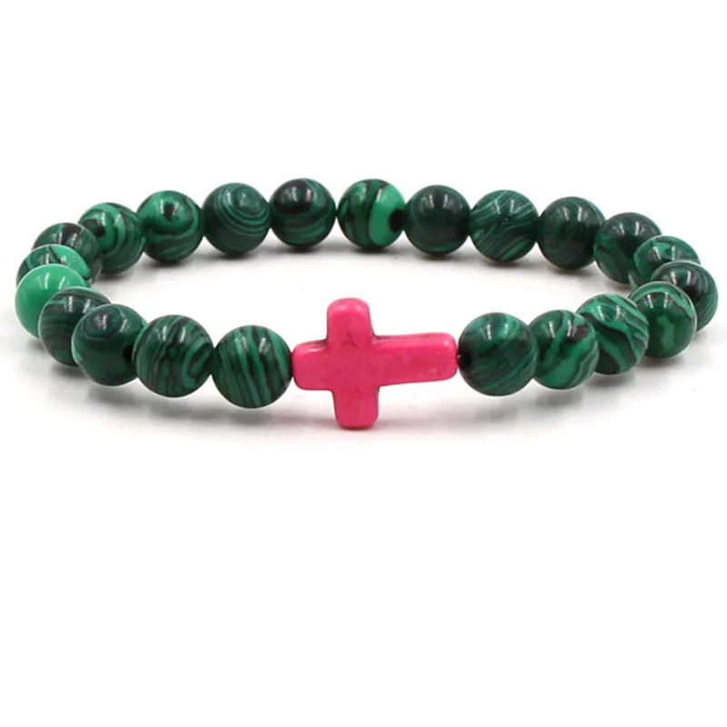 

Women's 8mm Malachite Agate Stone Bracelet with Elastic String Featuring Nine Color Crosses and Zircon for Wedding Occasion