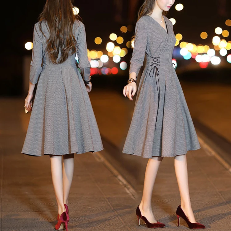 

2019 Korea style houndstooth lace up v-neck show slim waist dress with seven - point sleeves