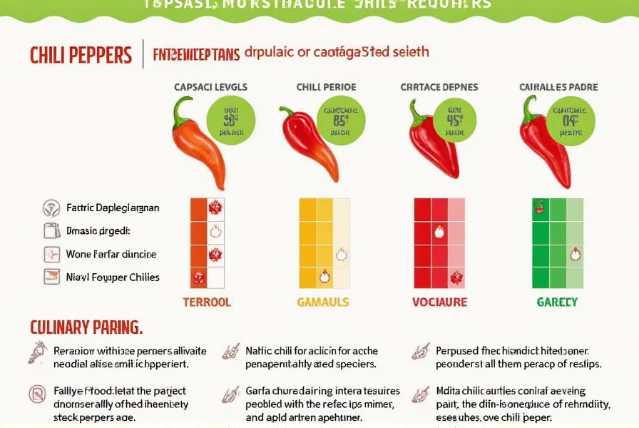 Infographic comparing capsaicin levels in different chili peppers with recommended handling precautions and culinary pairing suggestions