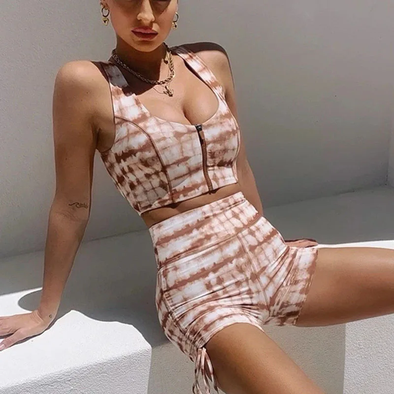 

Joyord Women Casual Clothes Scrunch Butt Leggings Short Pants Printing Slim Sleeveless Vest Two Pieces Fitness Wear Set