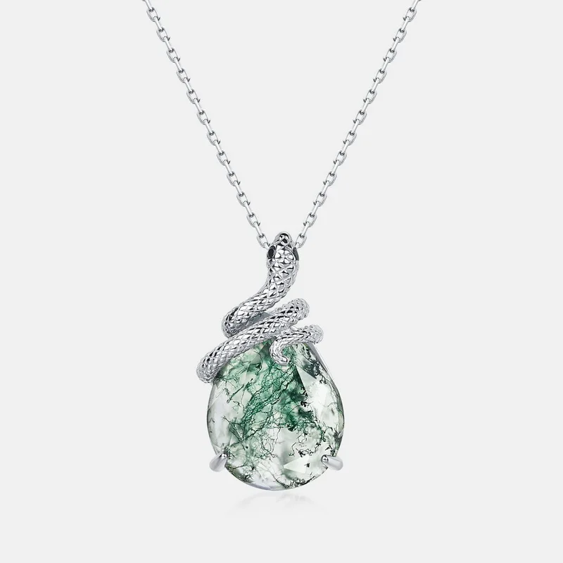 Snake Shape Green Moss Agate Gemstone Pendant 925 Sterling Silver
