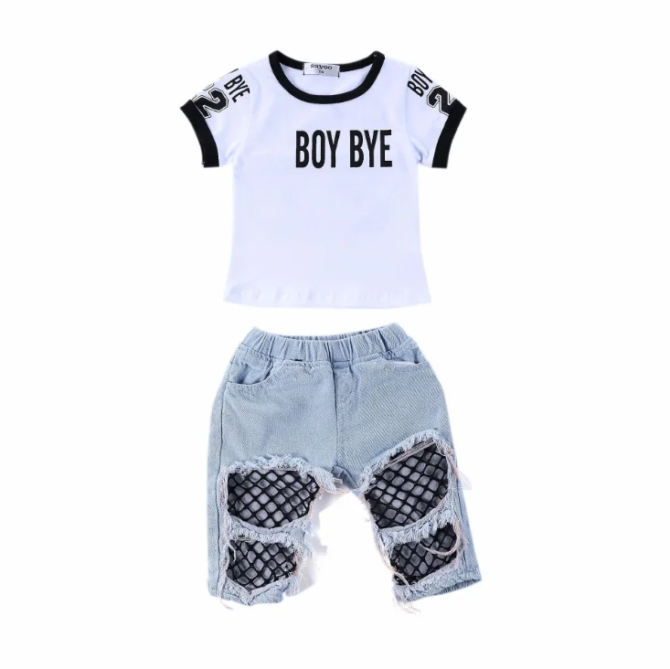 

Kids Baby Girls T-Shirt Tops Mesh Hole Denim Pants Jeans Harem Leggings Kids Designers Clothes Summer, Picture