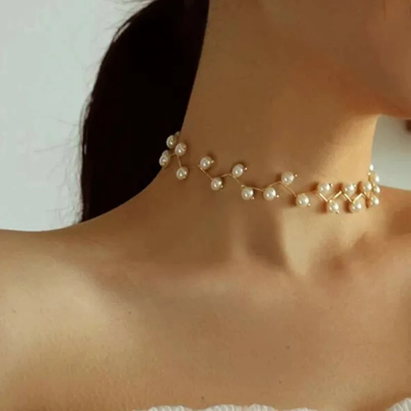 

2021 Simple Cross-Border New Clavicle Chain Creative Retro Pearl Necklace Bride Bridesmaid Wedding Necklace, Gold
