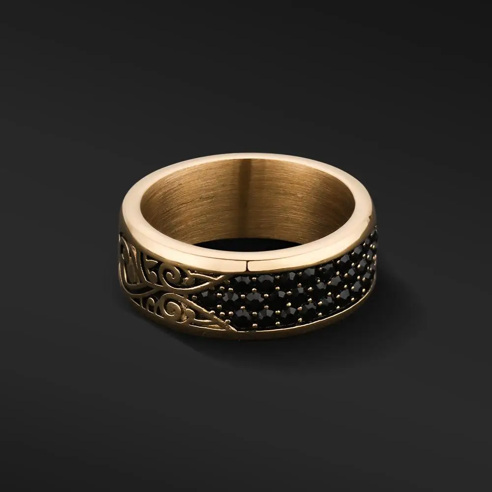 

Fashion Custom Golden Stainless Steel Jewelry Band 18K Gold Plated Micro Pave Black Diamond Ring For Men, Picture shows