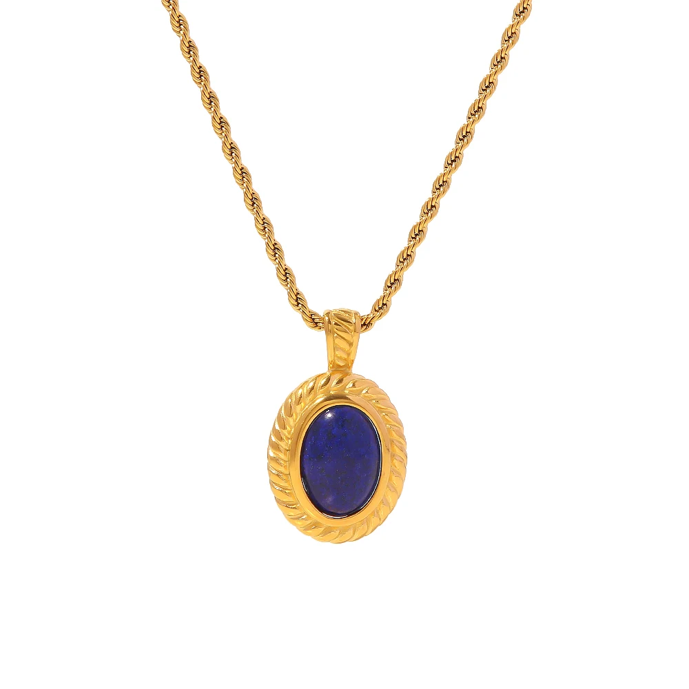 

18K Gold Plated Stainless Steel Luxury Rope Chain Oval Shape Lapis Stone Pendant Necklace