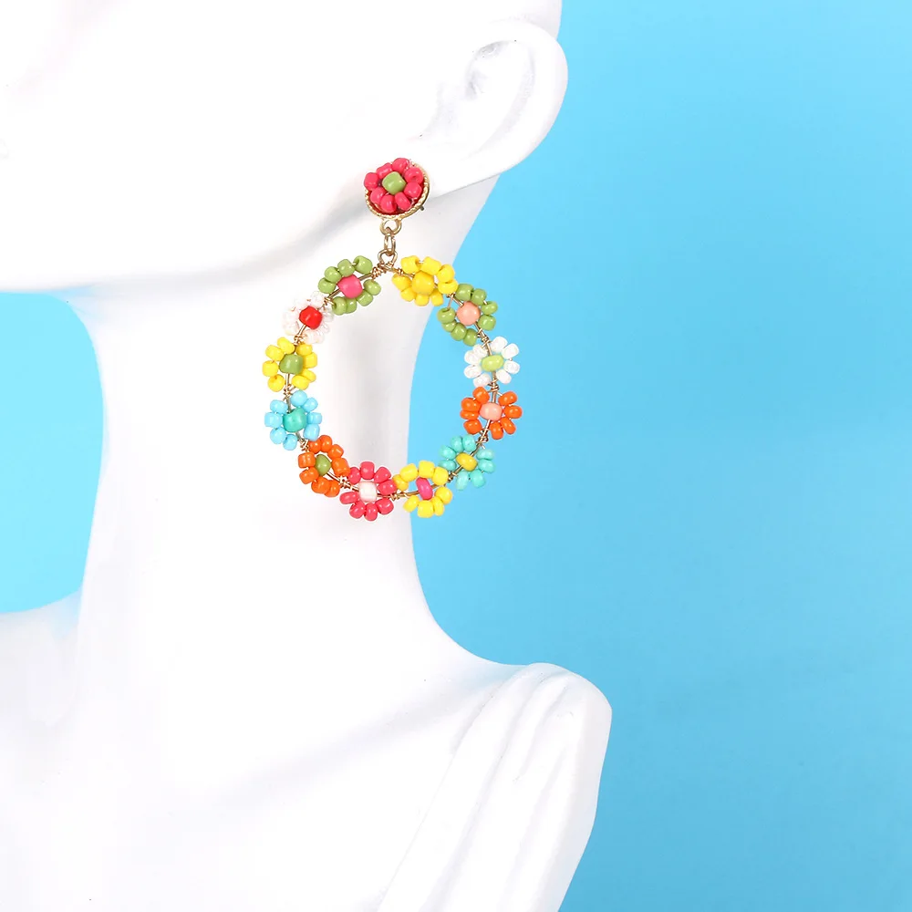 

Ins New Bohemian Flower Beaded Gold Earrings Handmade Vintage Crystal Temperament Geometric Baroque Earrings For Girls Earrings, Colorful