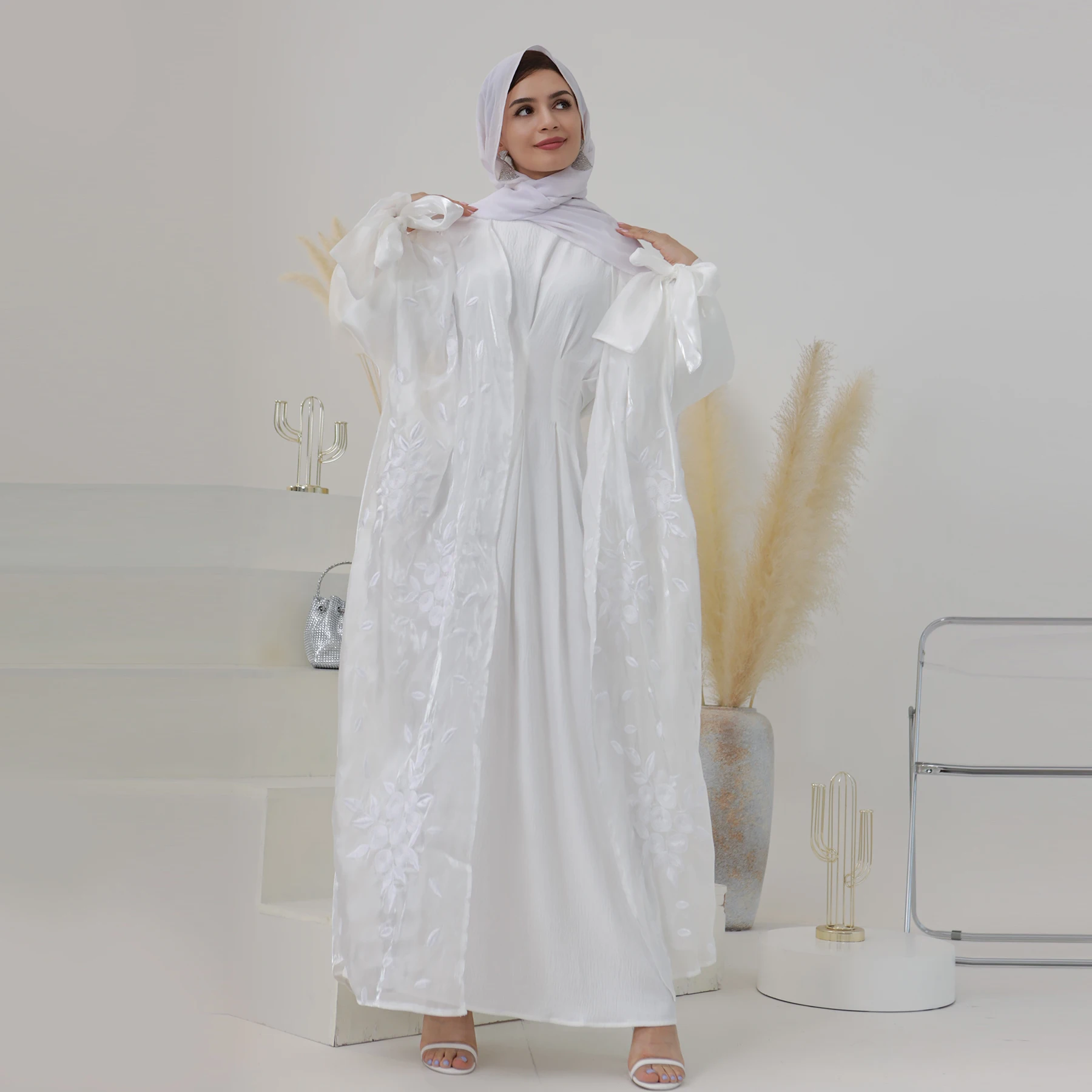 Loriya Modest Embroidery Open Abaya Organza Cardigan Women White Abaya for Wedding Abaya Turquie