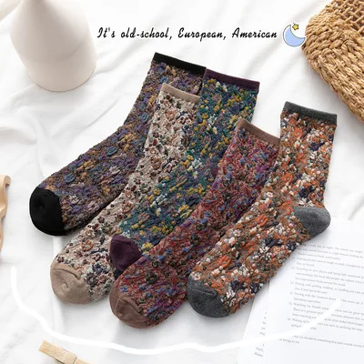 

sxx553 Wholesale fashion colorful breathable embroidered crew Tube flower casual socks cotton retro women socks, Picture display