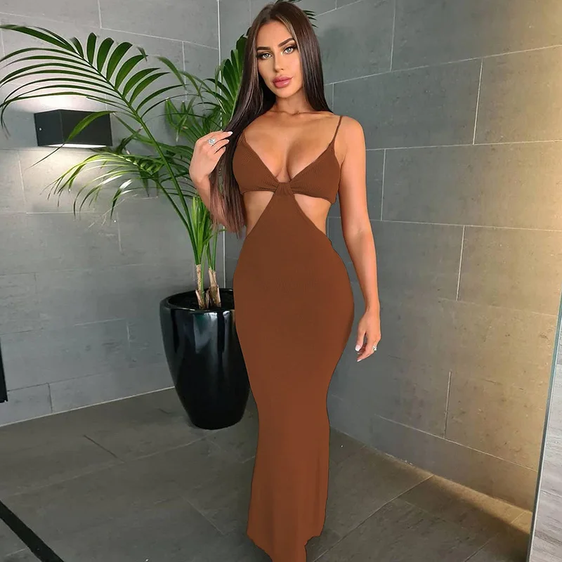 

KYM00681 Spaghetti Strap Sexy Backless Maxi Dresses Sleeveless Sexy Women Dresses Party Club Elegant Hollow Dress Sundress