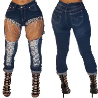 

Women Clothes Vendor 2019 popular style ripped denim chain jeans women