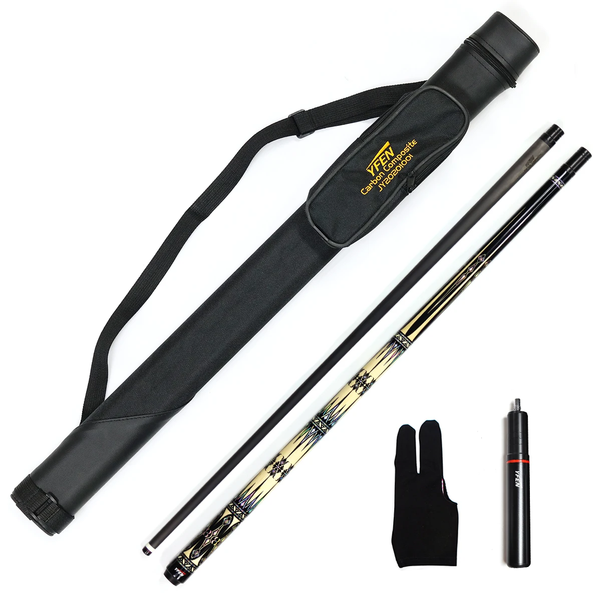 High End Yfen 58" Carbon Fiber Shaft 12.5mm 1/2 Billiard Pool Cue Kit With Cue Case Extension Glove