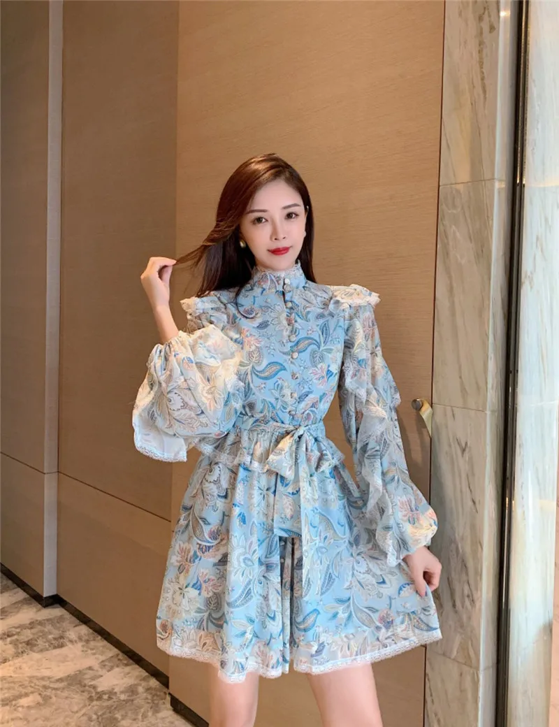 

Spot 2021 new Korean women's sky blue retro pattern lace stand collar long sleeve casual dress