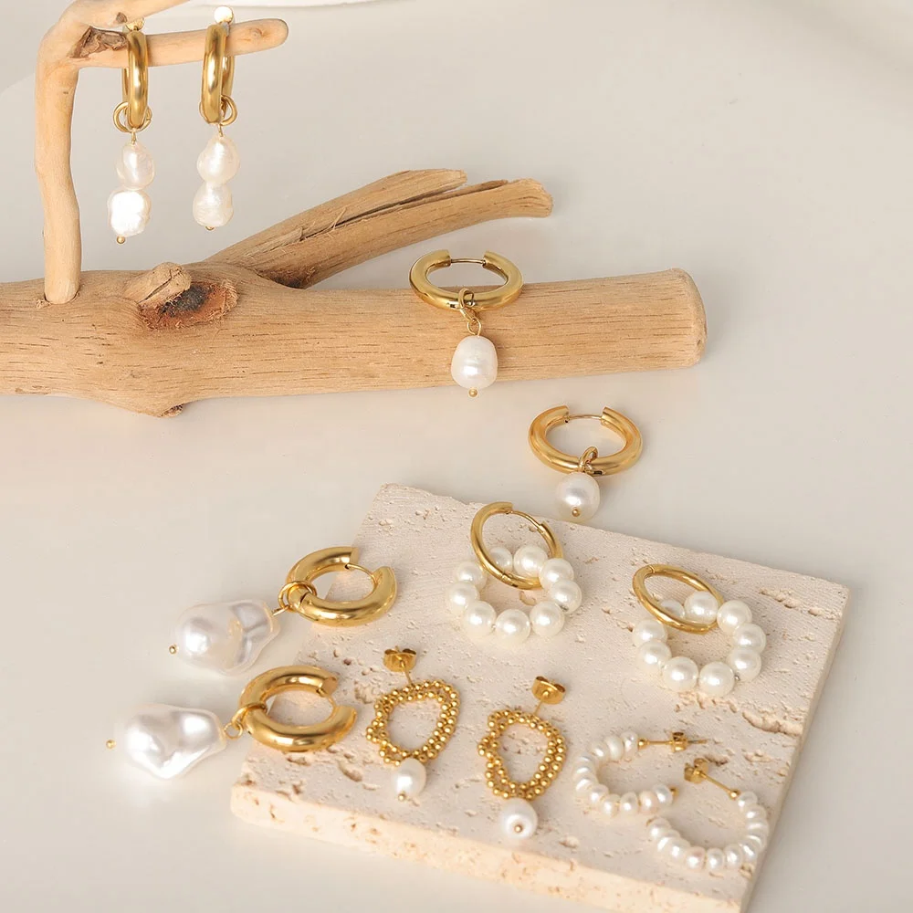 

Wholesale Fashion INS 18K Gold Stainless Steel Women Stud Hoop Huggie Bridal South Sea Freshwater Charm Pearl Jewelry Earrings