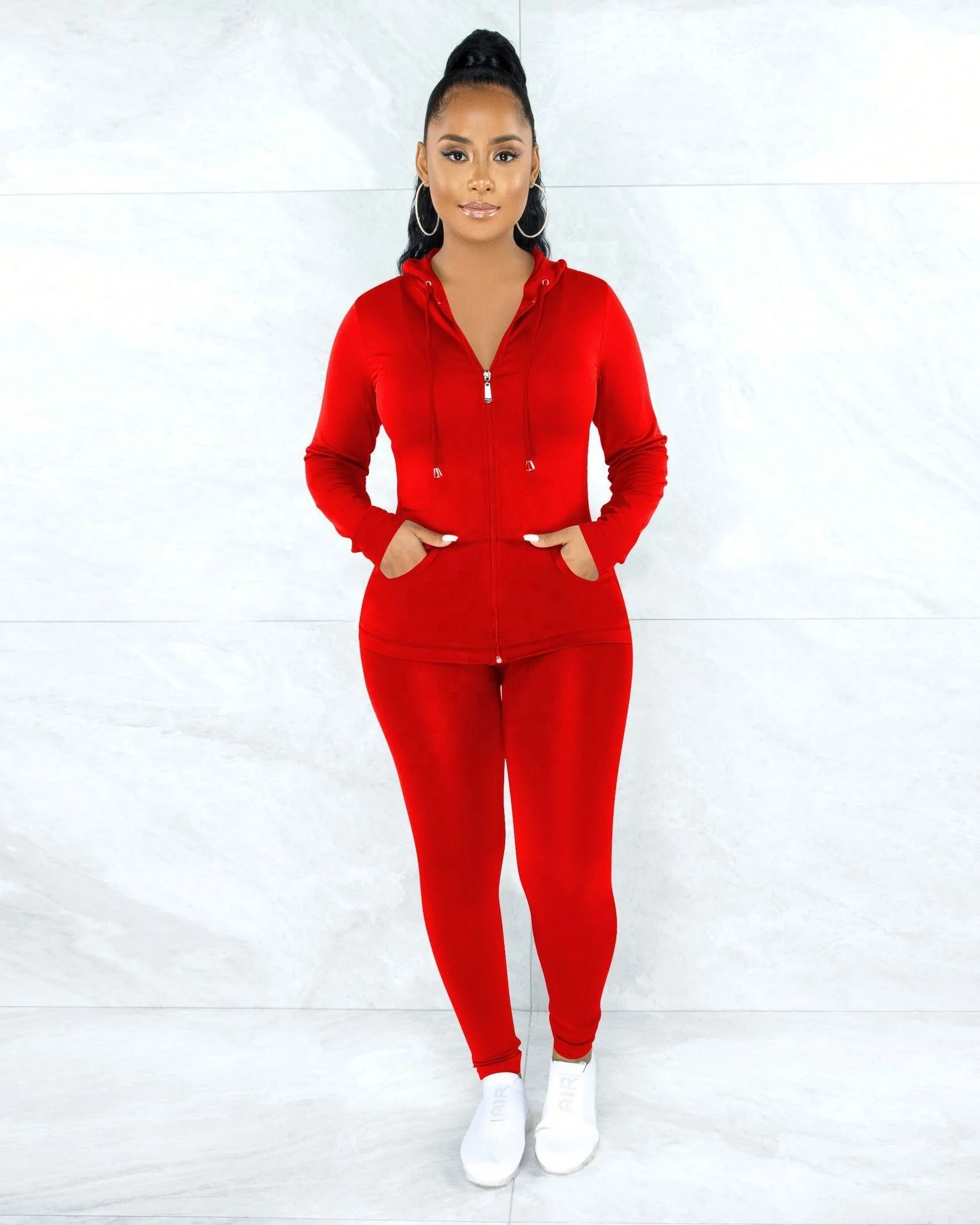 

Women Tracksuit Workout Outfits Solid Color Hooded Zip Women Suit Athletic Suit Custom Logo in Stock, Picture