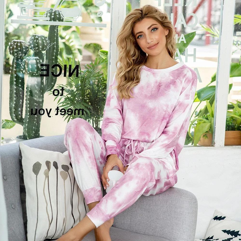 

Fashion autumn womens long sleeve multicolor tie-dye pajamas loungewear set