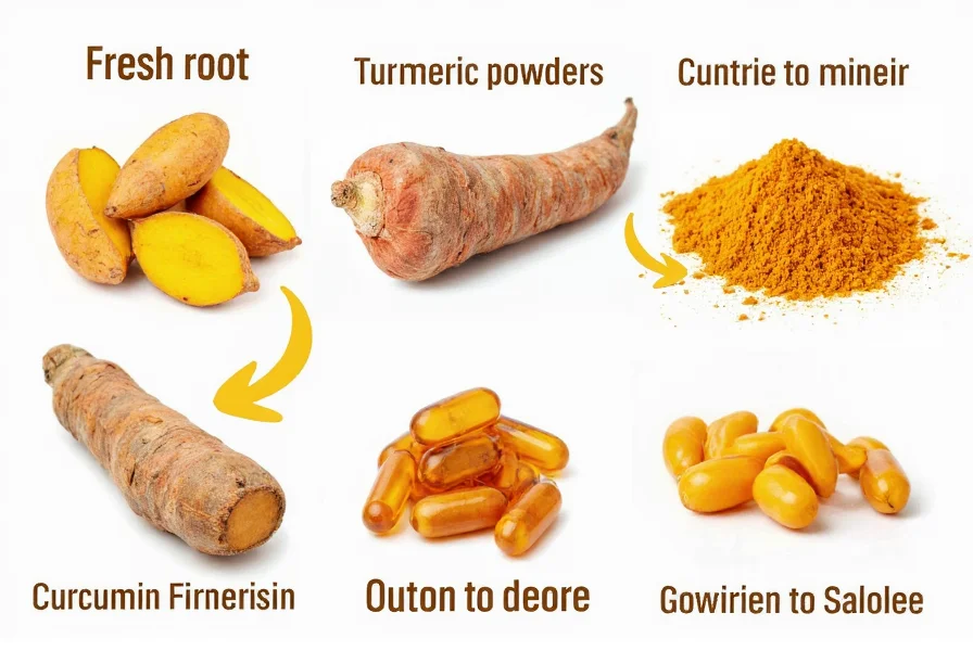 Different forms of turmeric including fresh root, powder, and supplement capsules with comparative curcumin content