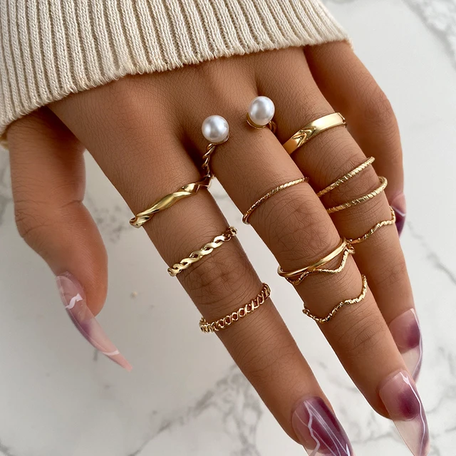 

Vintage Geometric Gold Rings Set for Women Men Punk Stone Pearl Chain Knuckle Rings 2022 Trend Jewelry Gift