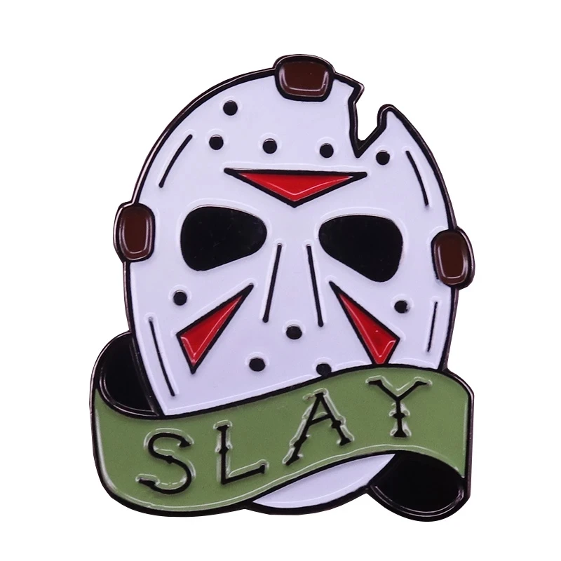 

Demon slay enamel pin Jason mask brooch retro 80s horror badge slayer gift Friday the 13th inspired jewelry Halloween accessory