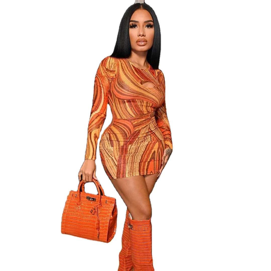 

Sexy Tie Dye Bodycon Mini Dress for Women Fall Outfits Long Sleeve Tops Birthday Party Y2k Clothing Night Club Dresses, Orange/black
