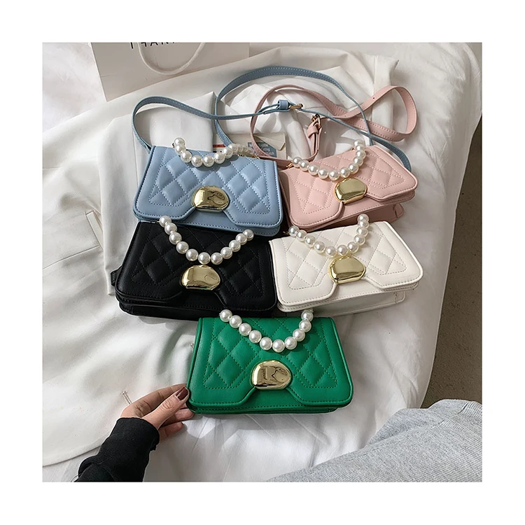 

Beaded Pearl Fashion Handbags For Women Solid Color Diamond Lattice Messenger Bags Quilted Simple Metal Buckle Shoulder Purses