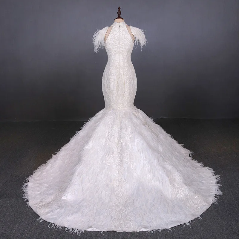 

New Slim Fishtail Slimming Dress Luxury Handmade Beaded Ostrich Hair Wedding Dress Custom, White