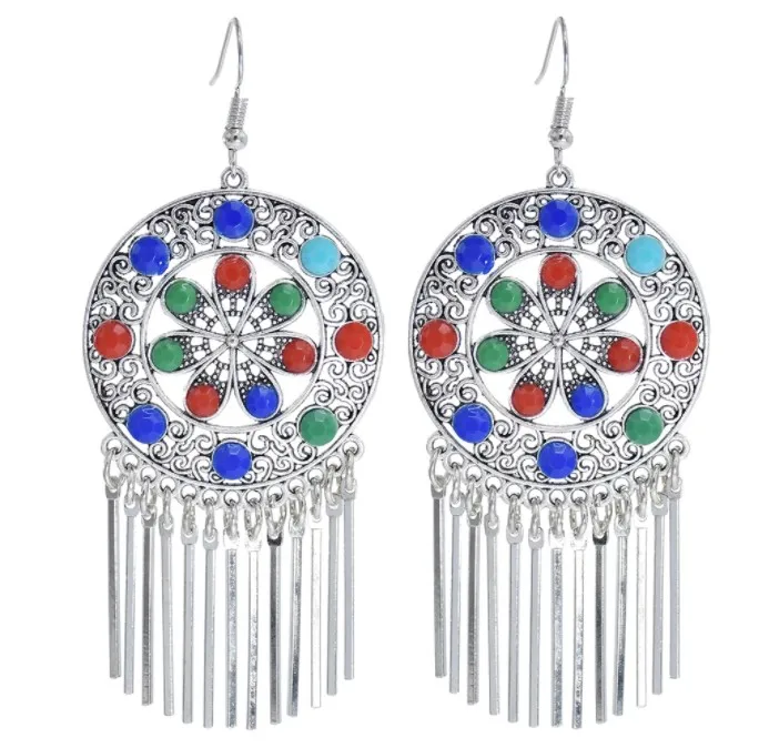 

Vintage silver inlaid colorful gems coin tassel pendant earrings party gift women jewelry