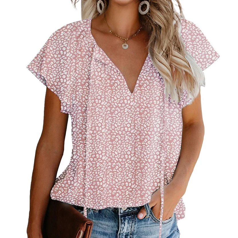 

T184 top Women Summer Casual Tshirt Beach 2021 Female Short Sleeve V-Neck Loose T-shirt Pullover Pink Tops