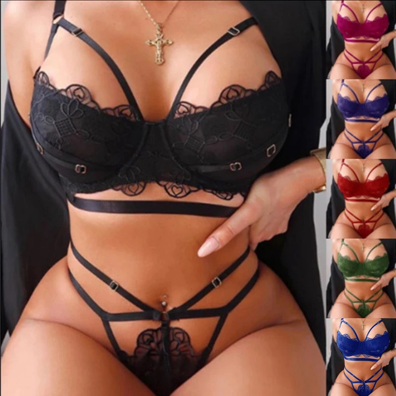 

Hot Sale Fashion Women Adjusted Spaghetti Straps Padded Lace Bralette Top Women's Underwear Sexy Lingerie Bra Set