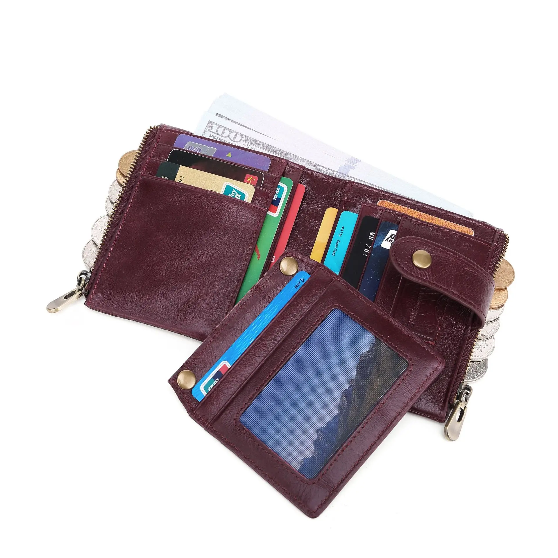 

Wholesale custom crazy horse leather 14 cards slots vintage short bifold leather wallet men with coin pockets, Customized color