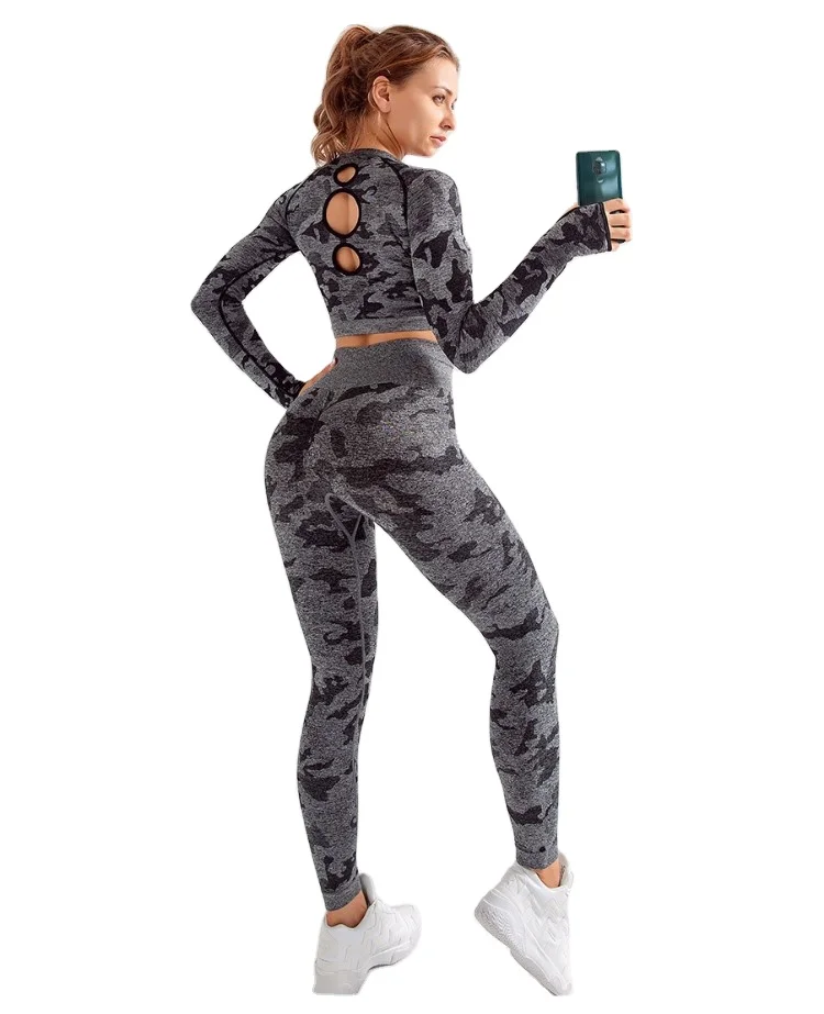 

Cross-border popular style high-elastic hollowed-out long-sleeved fitness yoga two sets seamless yoga suit set