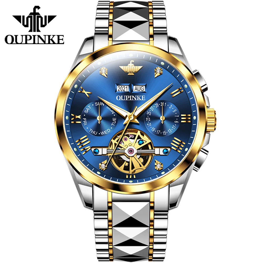 

Oupinke 3186 OEM Custom Logo Stainless Steel Movement Tourbillon Watches Luxury Waterproof Automatic Mechanical Men Wat