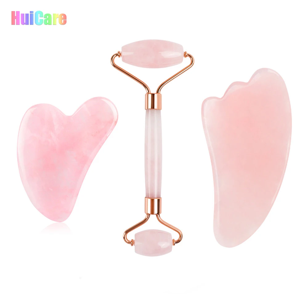 

High Quality Amazon Hot Sale Facial Massager Real Natural Jade Roller Guasha Rosegold Handle Rose Quartz Jade Roller