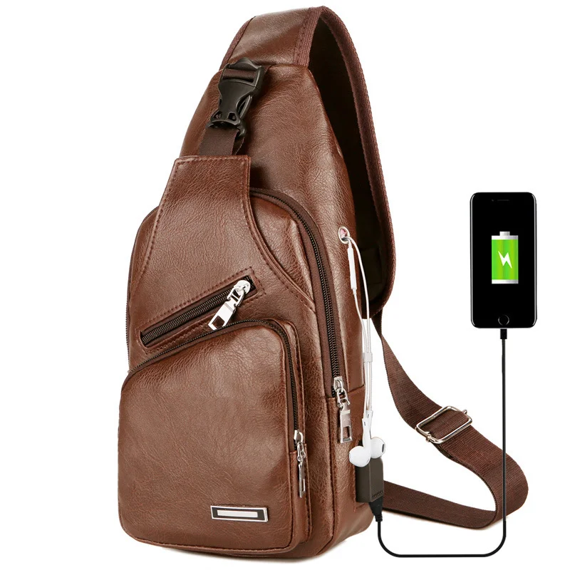 

Hot High Quality Men Casual Fashion PU Leather Shoulder Bag With USB Charging Port New Arrival Men Chest Bag Messenger Bags, 3 colors, can be mixed