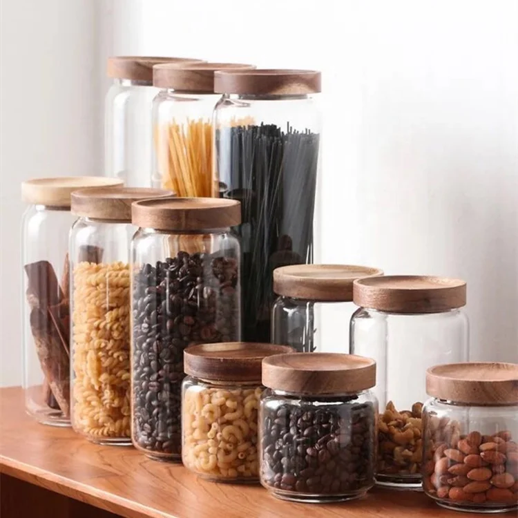 

high borosilicate airtight glass jar with acacia wood lid, Clear