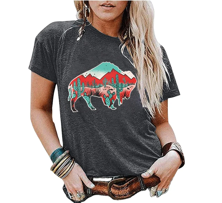 

Cactus Print T-Shirt Women Gray Tops Tee 2020 Summer Casual Short Sleeve T-Shirt