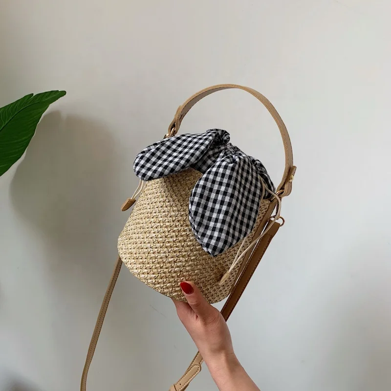 

Summer New design luxury straw bag raffia handbag for women bucket shoulder bag french holiday style with scarf suka, Customized