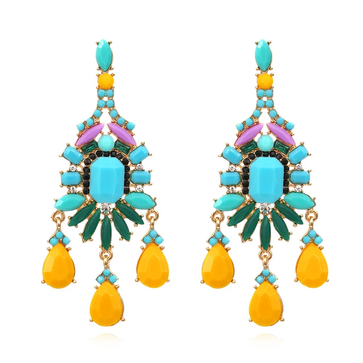 

Retro bohemian style contrast color rhinestone drop tassel earrings ethnic wind resin flower earrings female