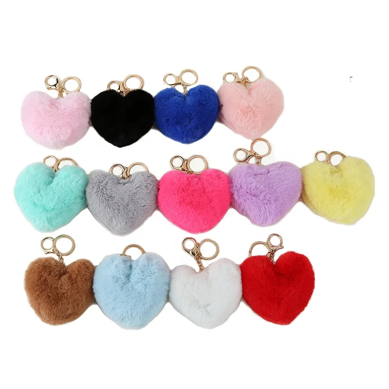 

Fluffy Heart Shape Pompoms Keyring Pom Poms Keychains Faux Rabbit Fur Pompoms for Valentine Day Gift