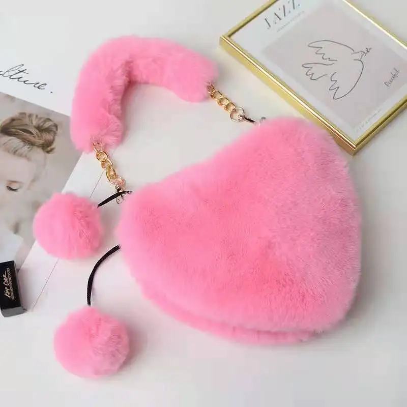 

Fur purse set cute fox fur slides heart shape bag fur bag set, Customized color