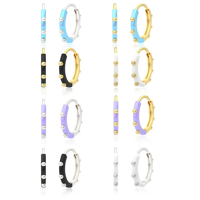 

Colorful Enamel Rivets Hoop Earrings for Women Girls Fashion Jewelry Earring 925 Sterling Silver Round Huggie Earring Aros, Gold and silver