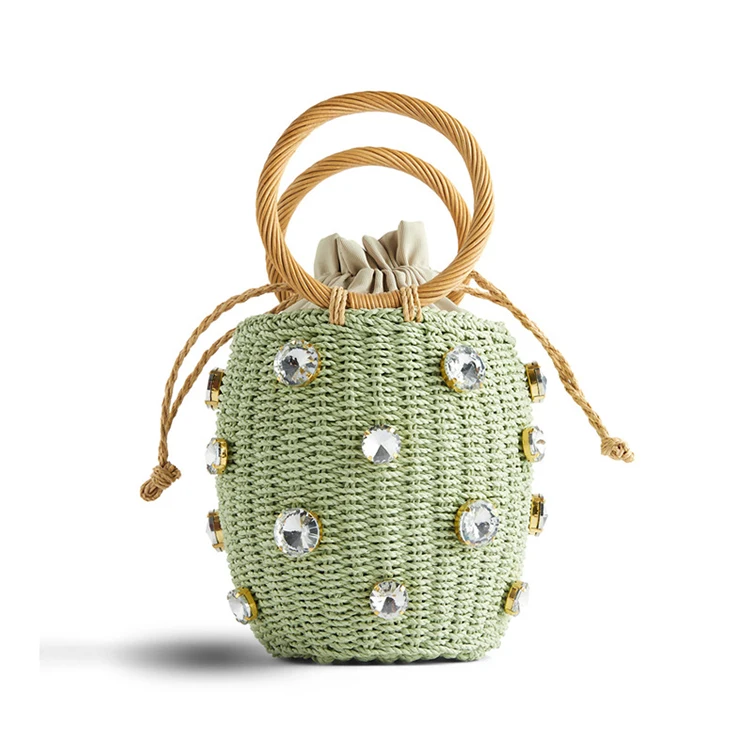 

AZB475 Round Rattan Straw Bucket Bags Bohemian Drawstring Straw Bags Woven Summer Beach Bag Tote With Water Drill Decoration, Various color available