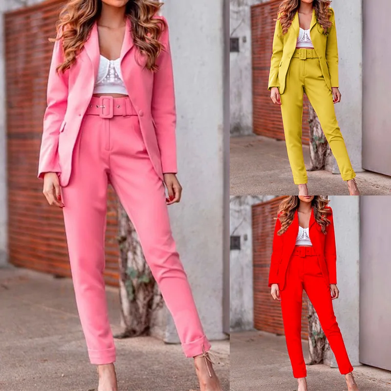 

Office Lady Solid 2 Pieces Sets Long Sleeve Notched Blazers Ankle Length Sashes Pants Candy Color Female Work Wear 2 Pieces Sets